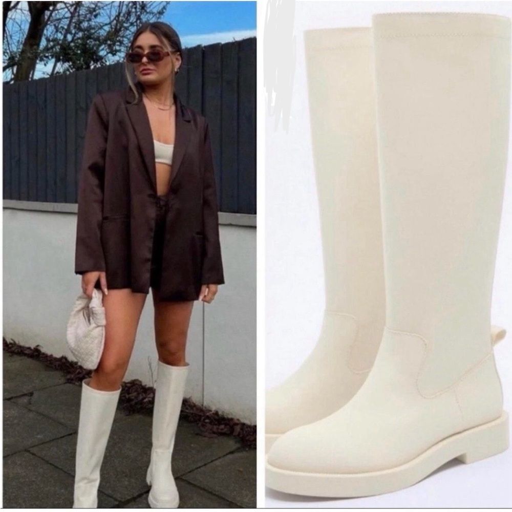 Zara Rubberized Knee High Tall Boots Platform Rain Cream White EU 38 US 7.5